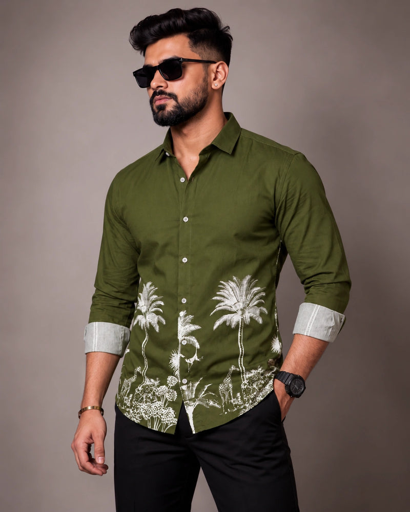 Army Green Jungle Print Shirt - Front View 2