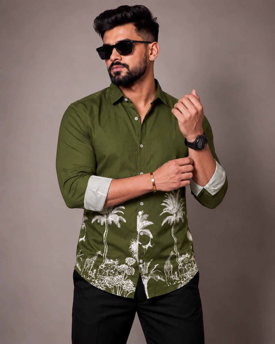 Army Green Jungle Print Shirt - Front View 3