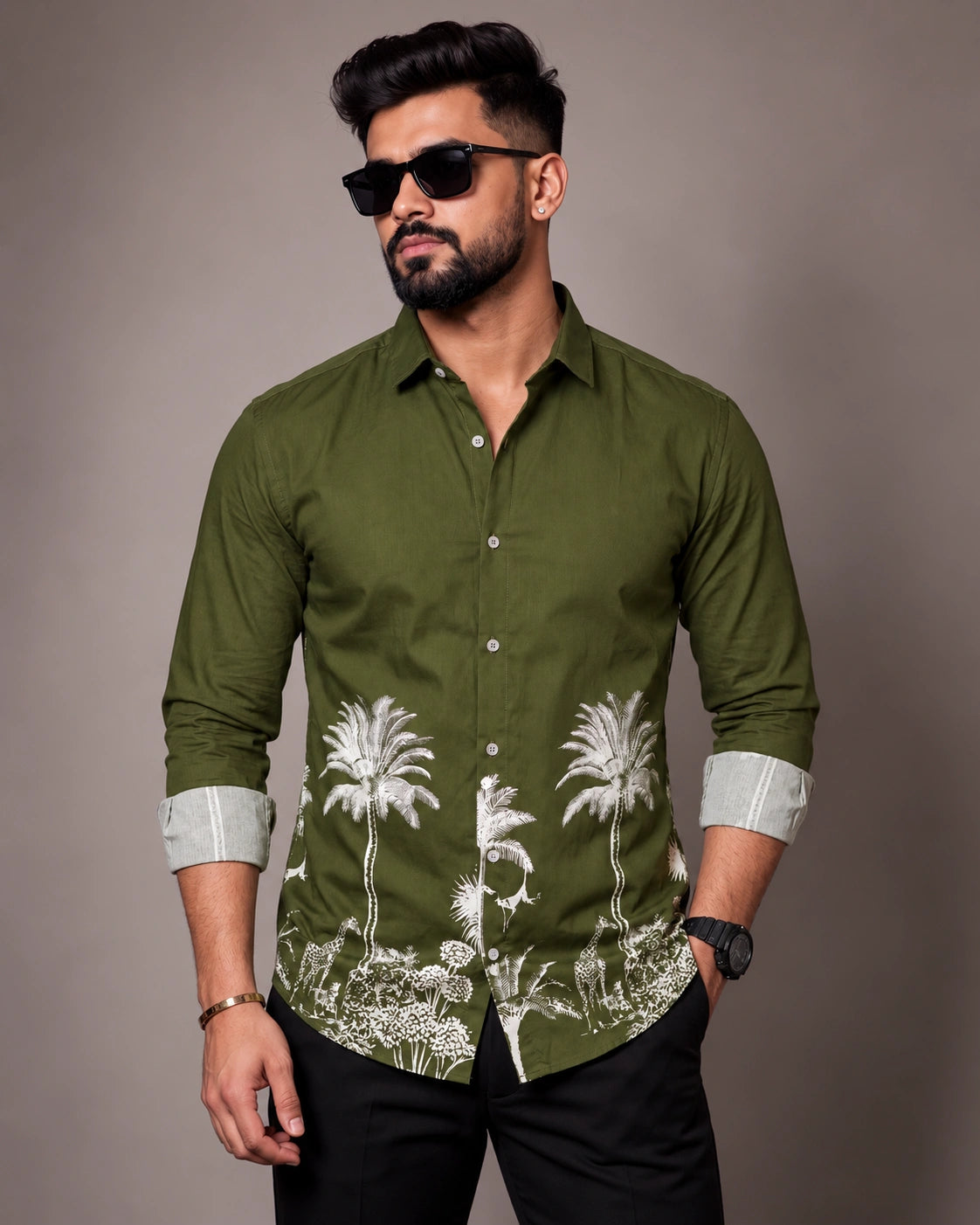 Army Green Jungle Print Shirt - Front View 4