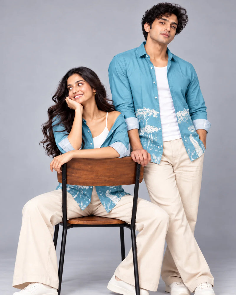 Sky Blue Jungle Print Slim Fit Shirt