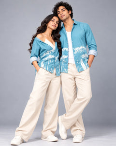 Sky Blue Jungle Print Slim Fit Shirt