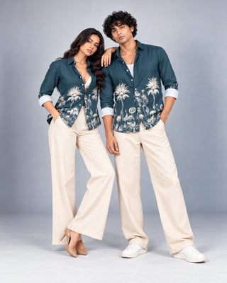 Teal Jungle Print Slim Fit Shirt
