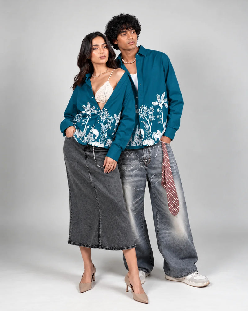 Teal Jungle Print Ethnic Shirt