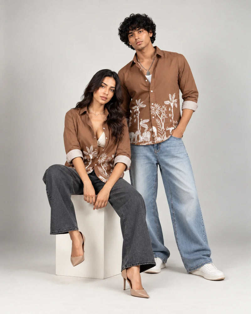 Brown Jungle Print Ethnic Shirt