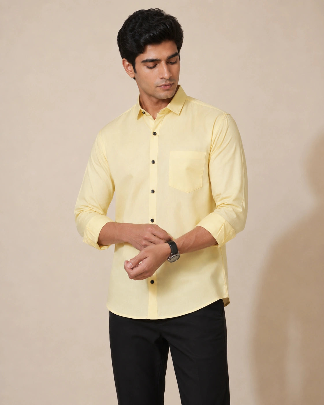 Lemon yellow formal shirt - front view adjusting cuff