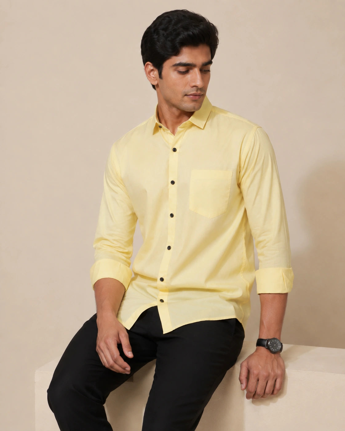 Lemon yellow formal shirt - seated front view