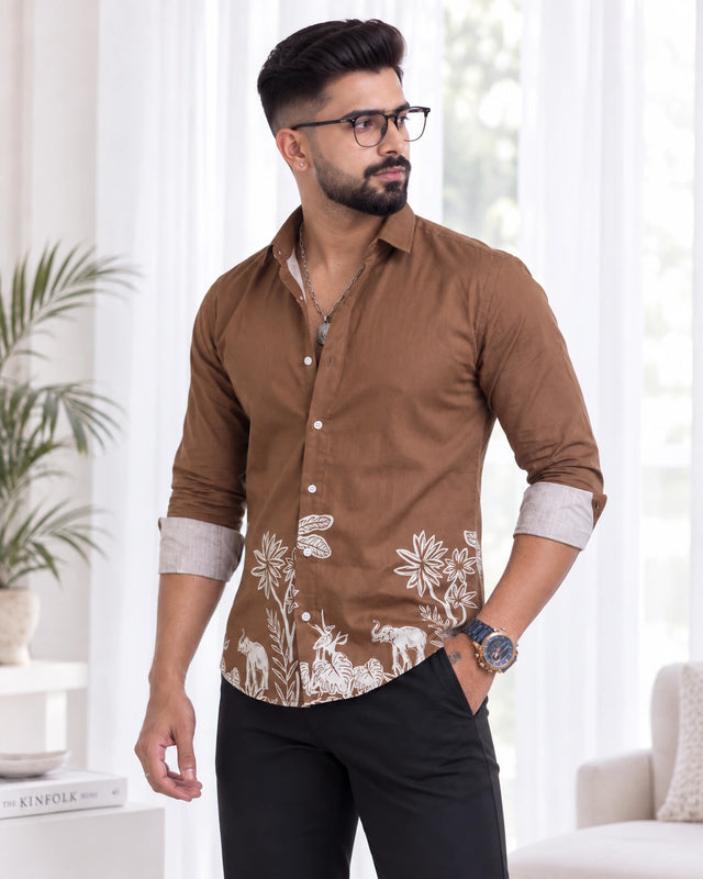 Brown Jungle Print Ethnic Shirt