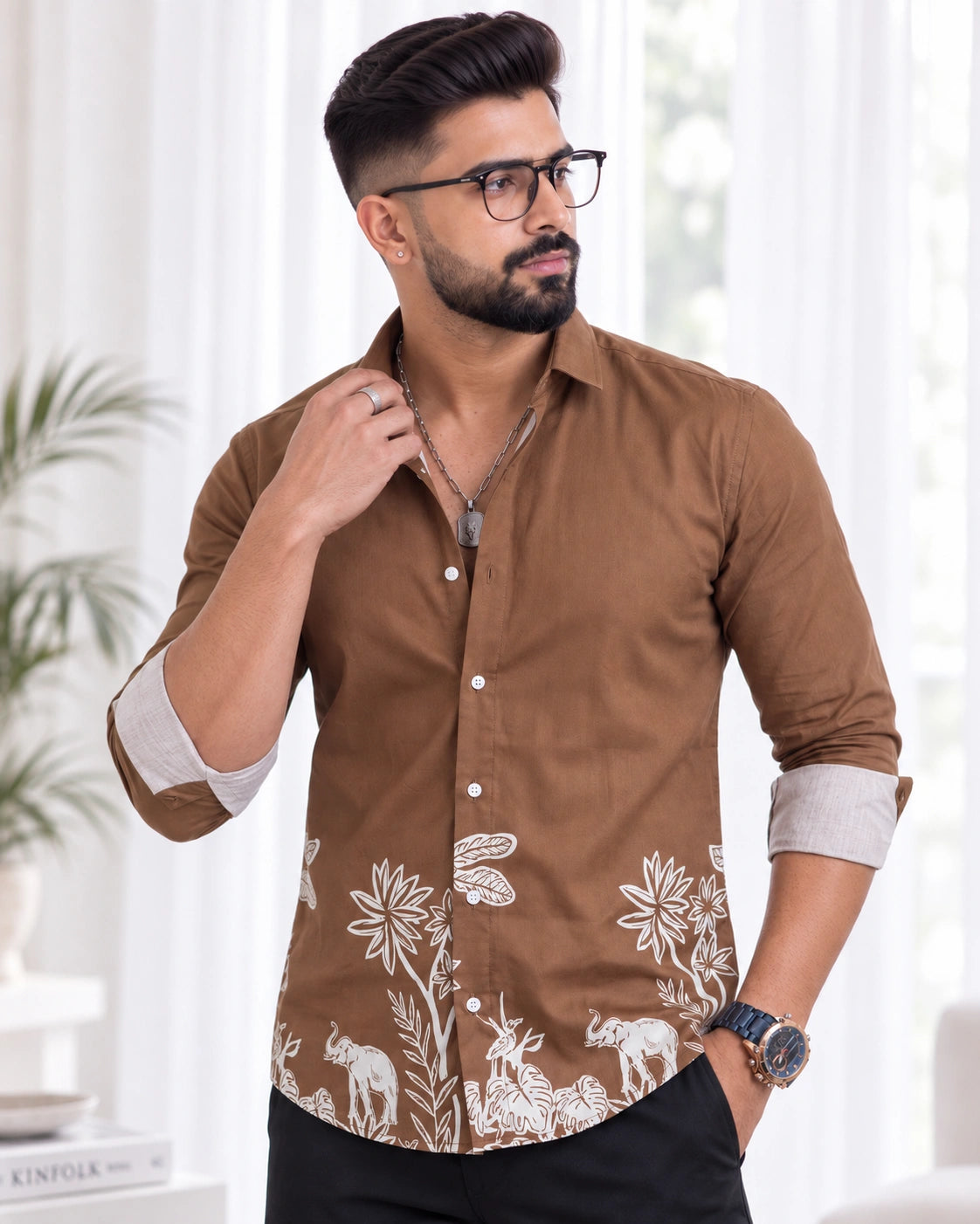 Brown Jungle Print Ethnic Shirt - Back View