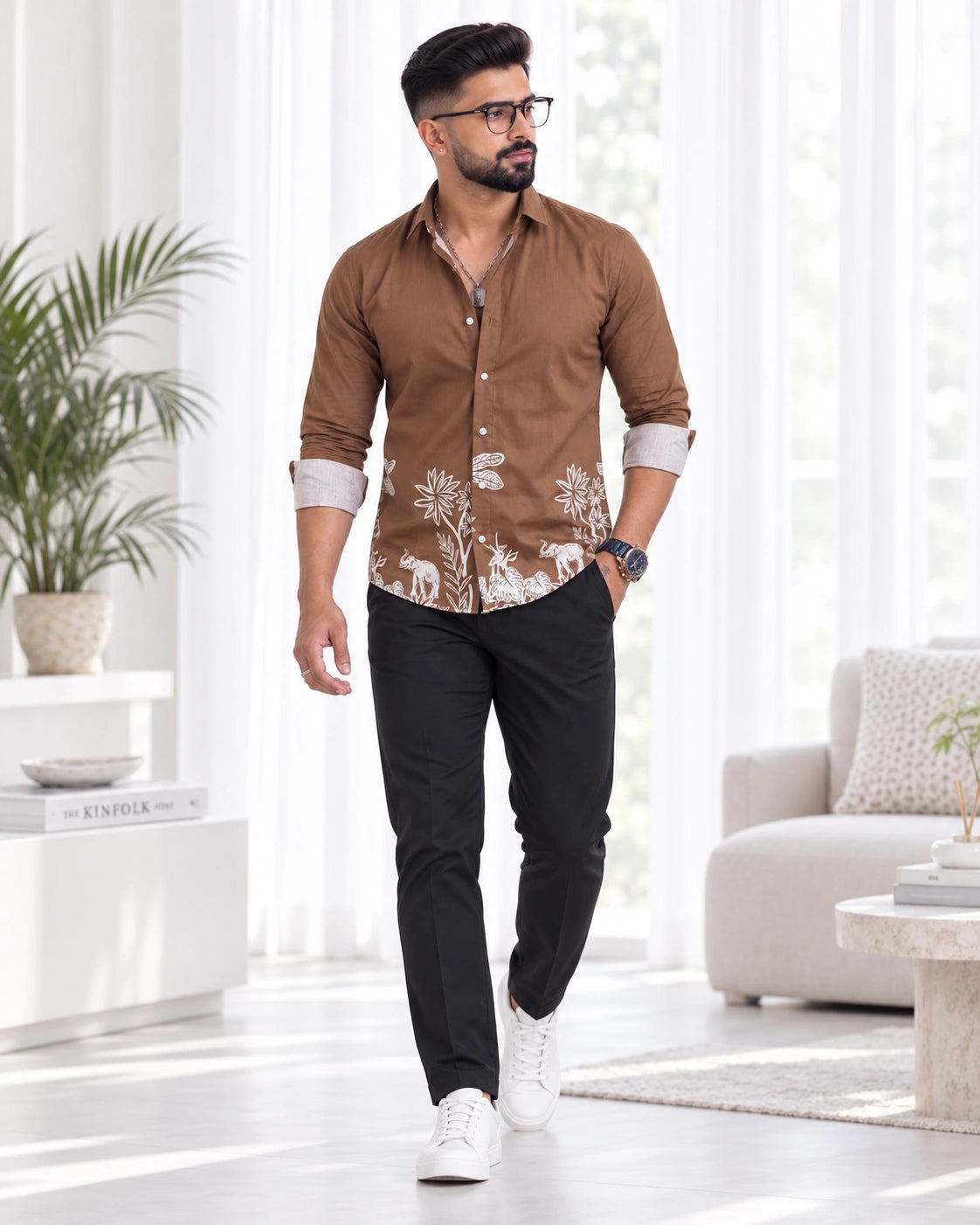 Brown Jungle Print Ethnic Shirt - Walking Full View