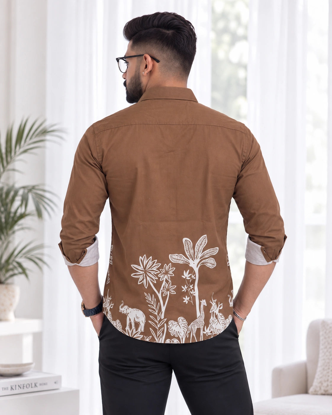 Brown Jungle Print Ethnic Shirt - Collar Detail