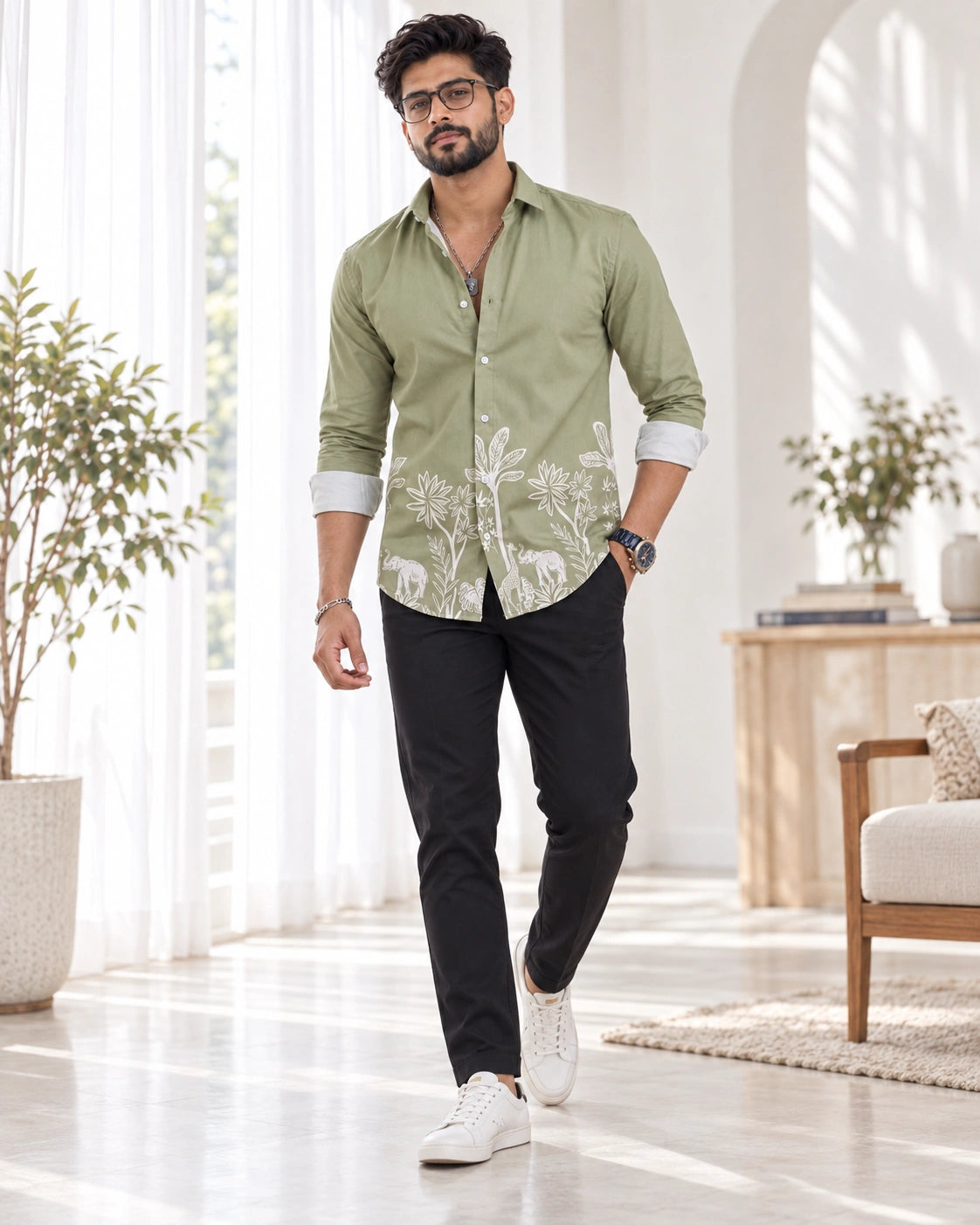 Abir Pista Jungle Print Ethnic Shirt - Full Walking View