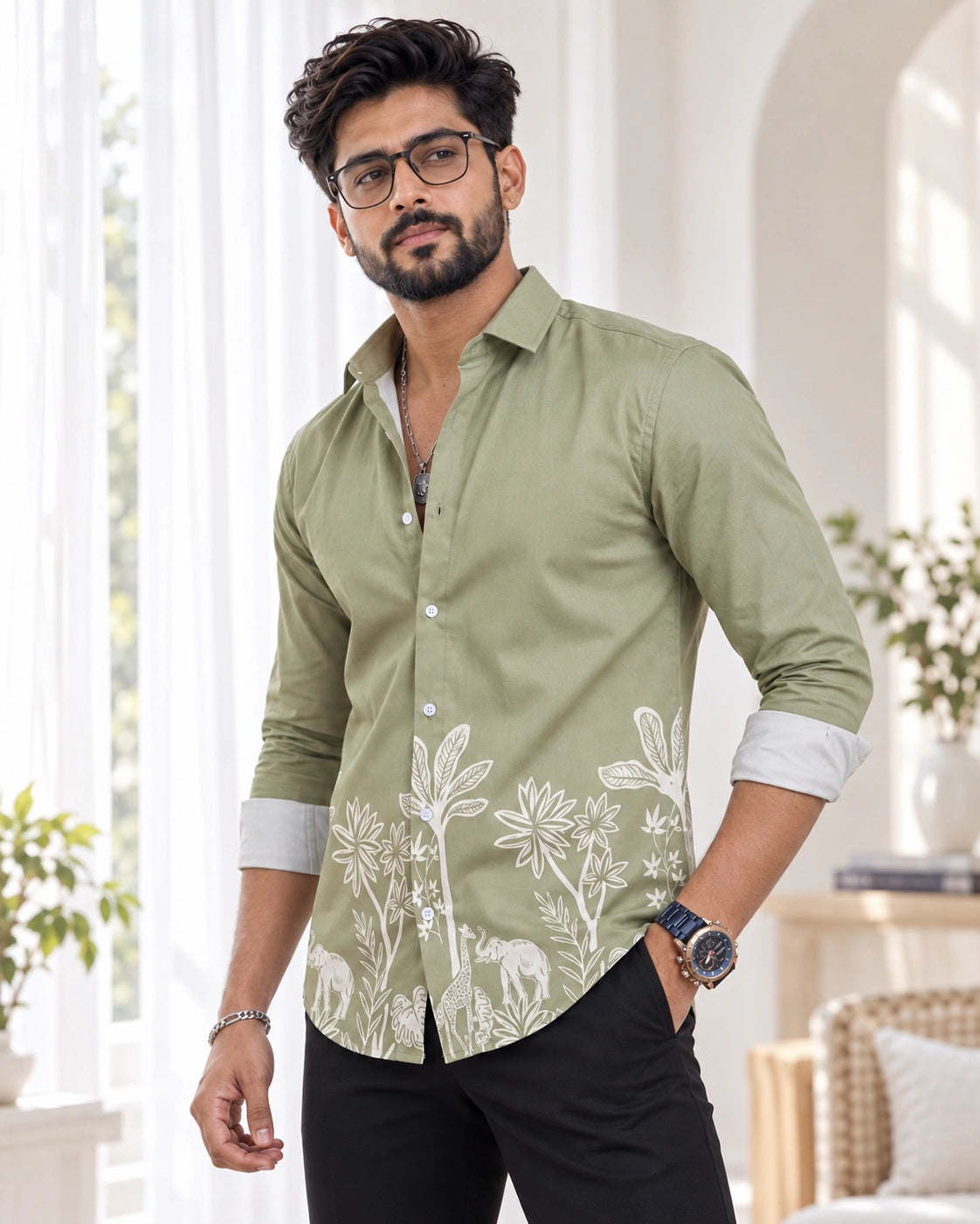 Abir Pista Jungle Print Ethnic Shirt - Front Full View