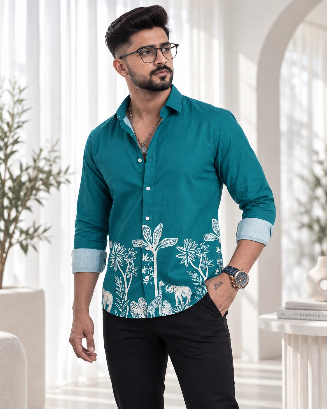 Teal Jungle Print Ethnic Shirt - Front Portrait View