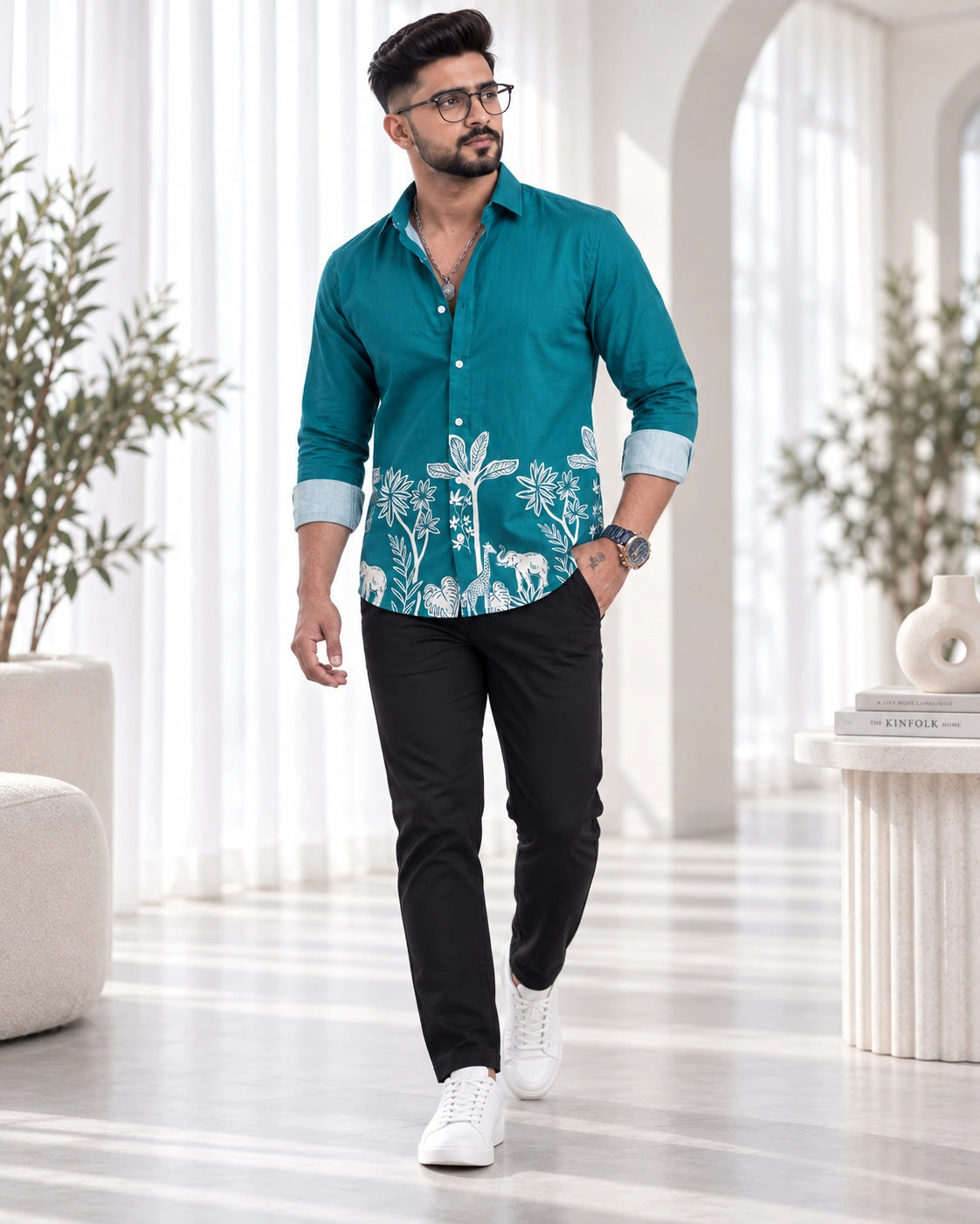 Teal Jungle Print Ethnic Shirt - Full Walking View