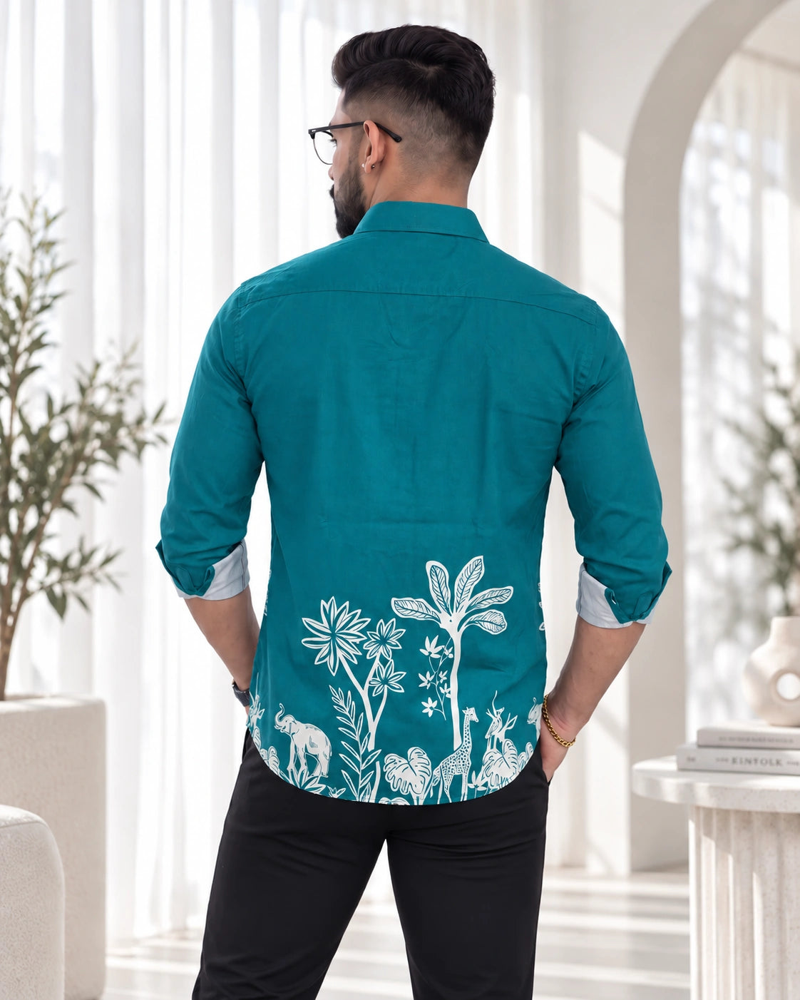 Teal Jungle Print Ethnic Shirt - Back View