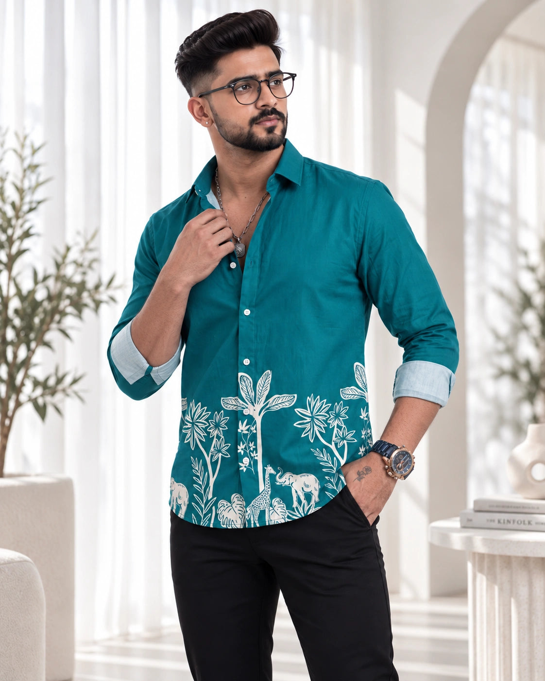 Teal Jungle Print Ethnic Shirt - Standing Pose