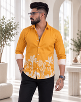Mustard Yellow Jungle Print Ethnic Shirt - Walking Full View