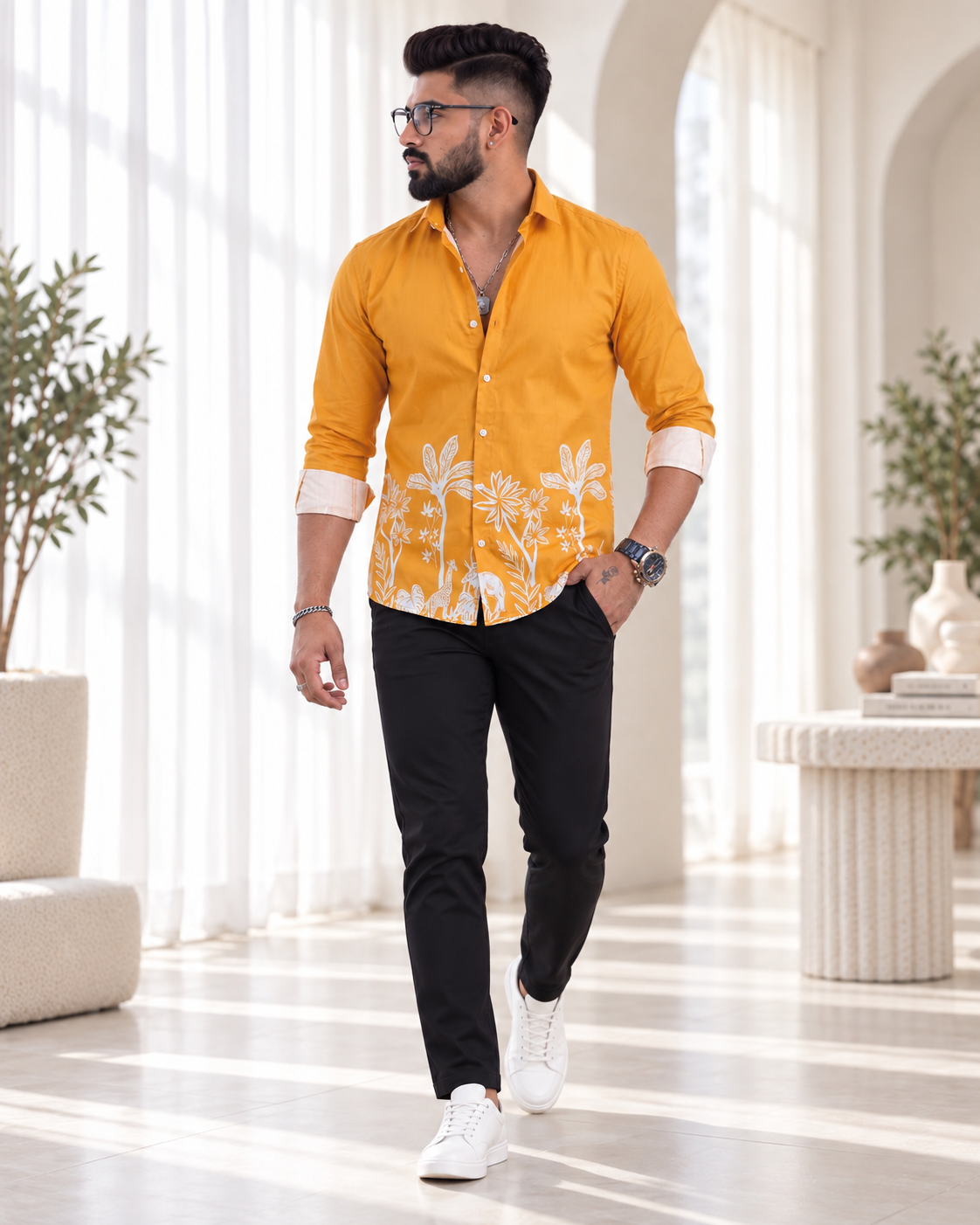 Mustard Yellow Jungle Print Ethnic Shirt - Side Pose