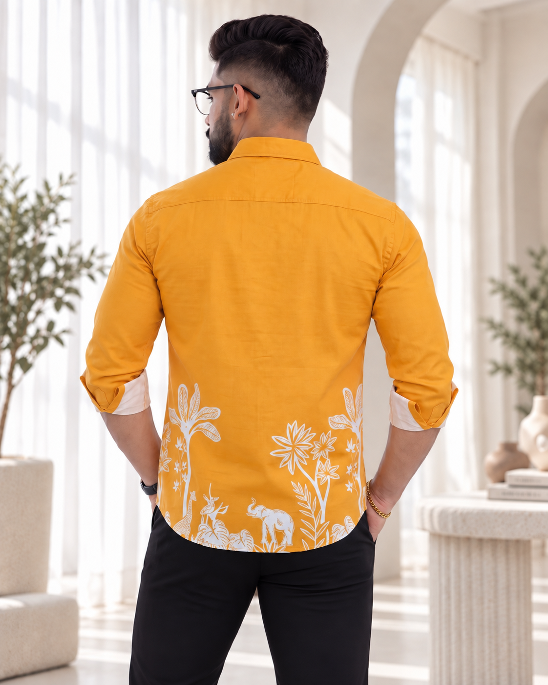 Mustard Yellow Jungle Print Ethnic Shirt - Standing Pose