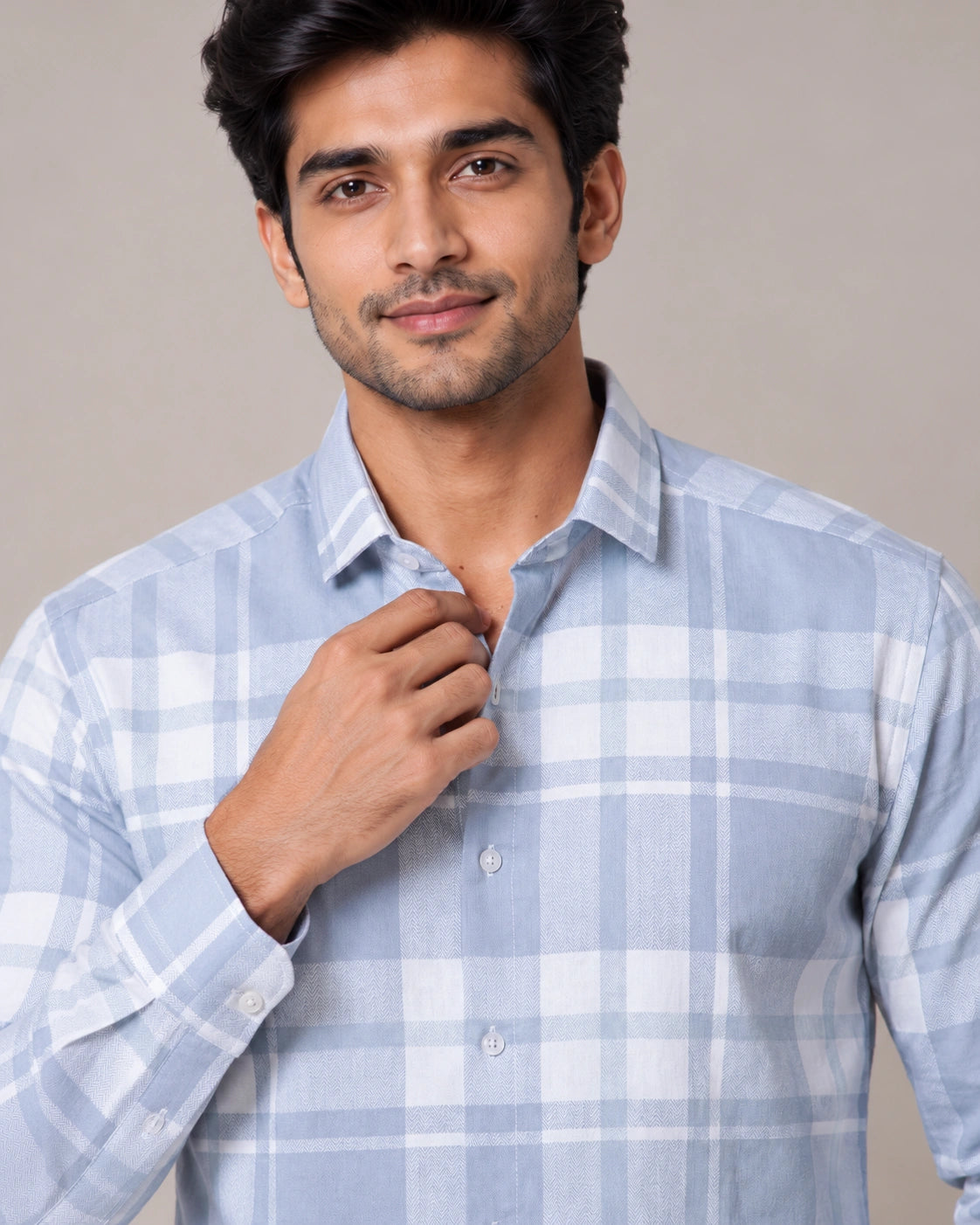 Aqua Blue Check Shirt - Close Up