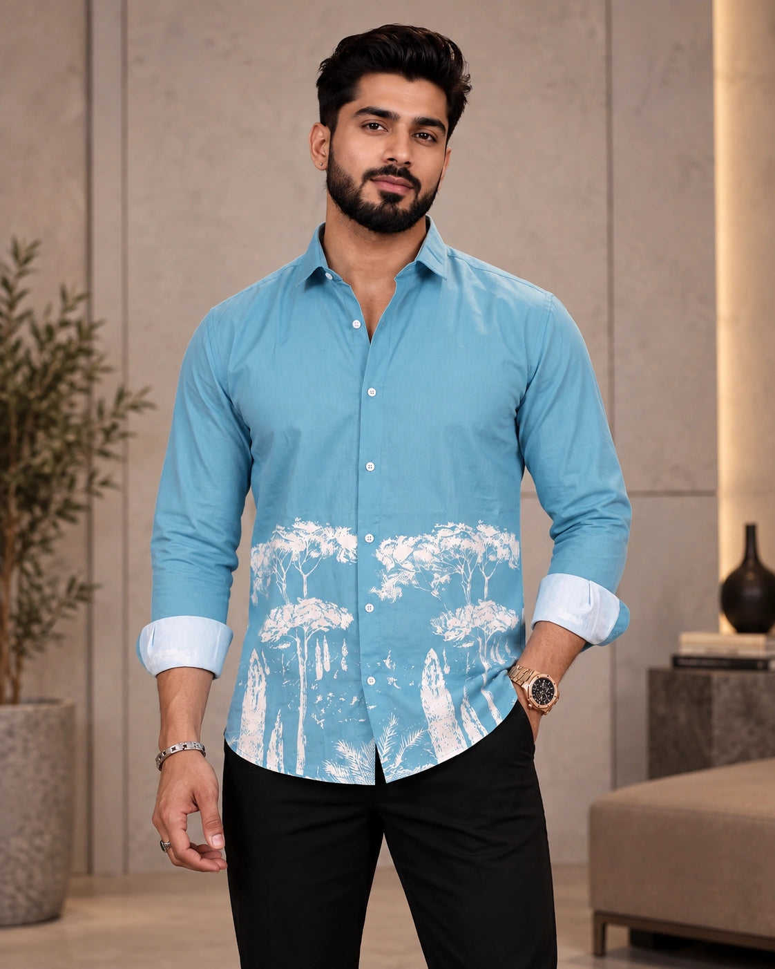 Sky Blue Jungle Print Shirt - Front View 2