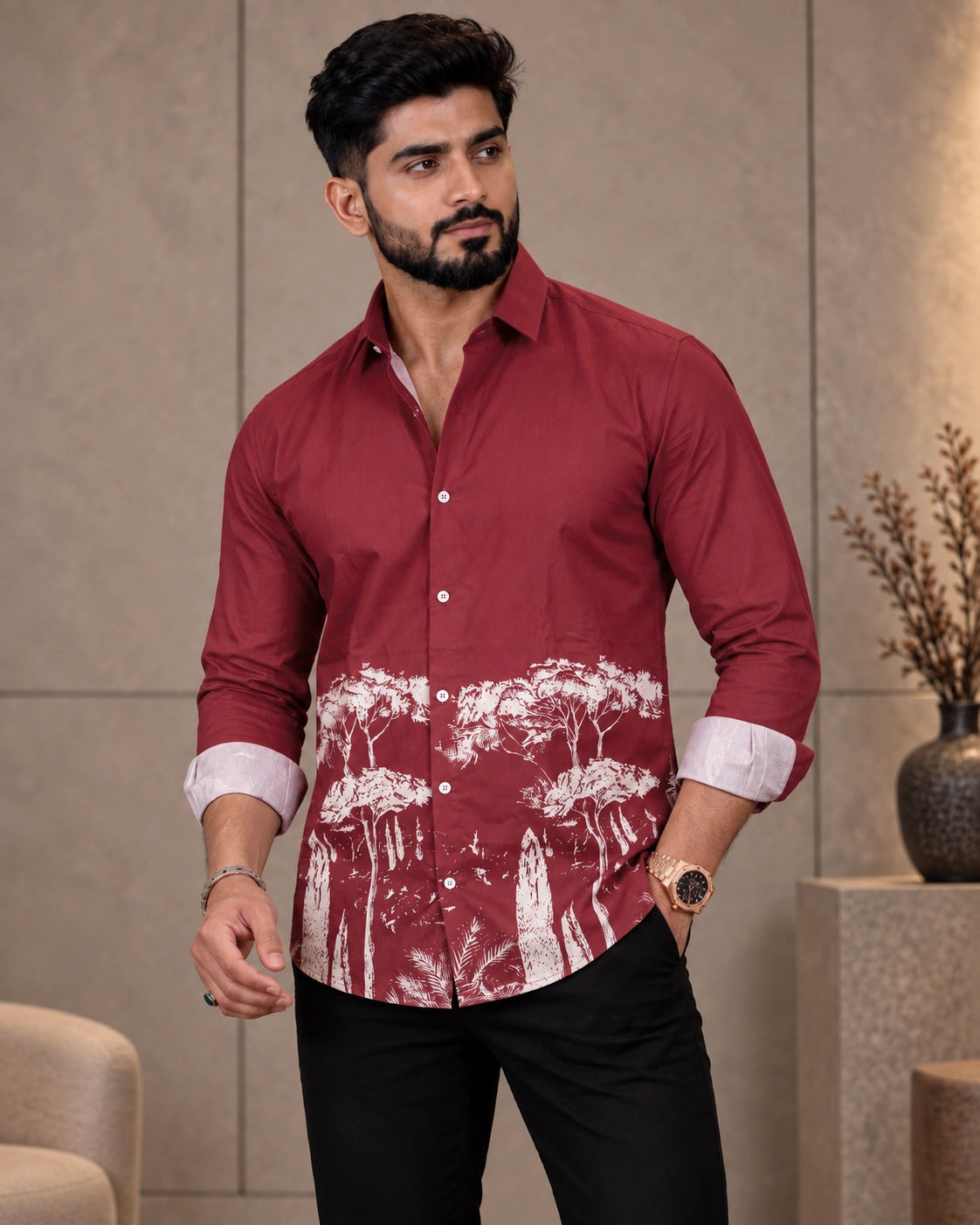 Maroon Jungle Print Shirt - Front View 1