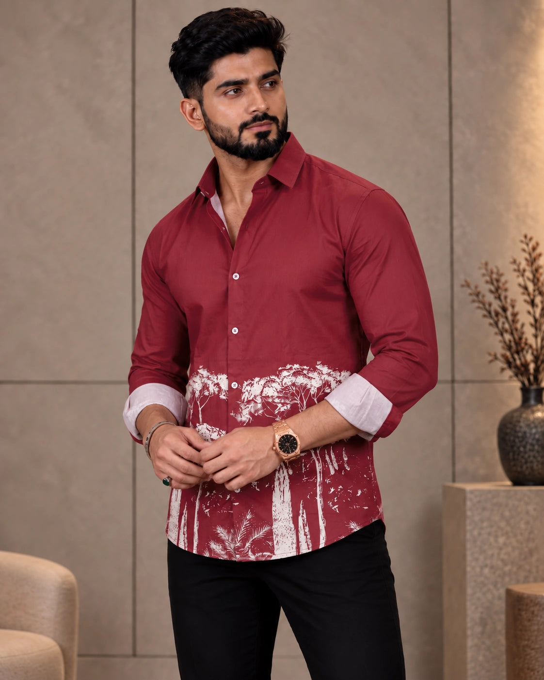 Maroon Jungle Print Shirt - Full Length