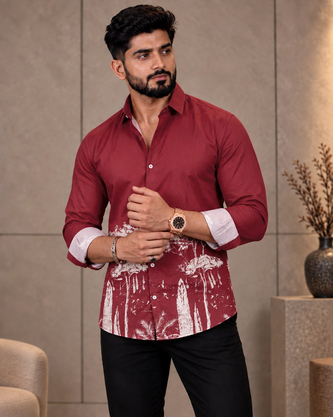 Maroon Jungle Print Shirt - Front View 2