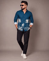 Petrol Blue Jungle Print Shirt - Front View 1