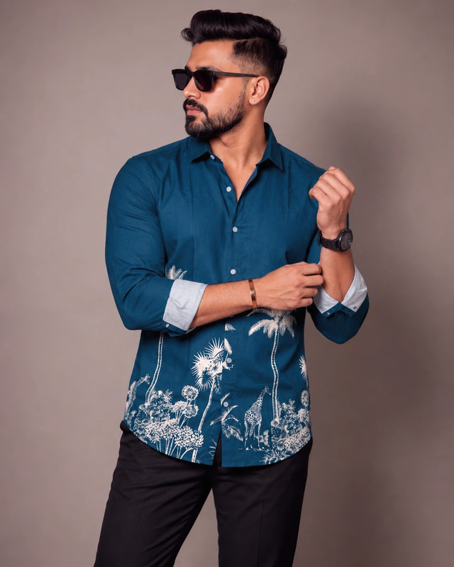 Petrol Blue Jungle Print Slim Fit Shirt