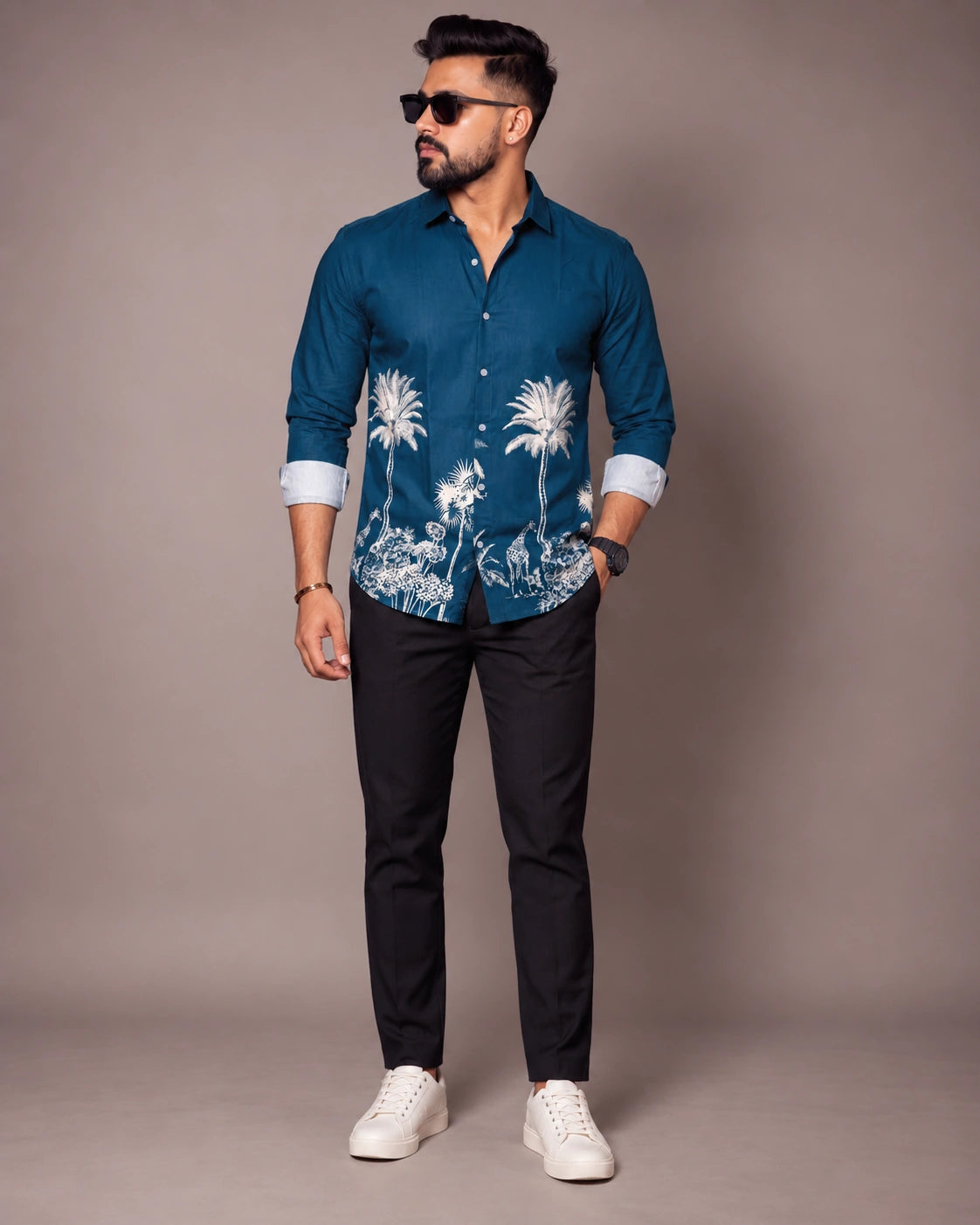 Petrol Blue Jungle Print Shirt - Full Length