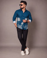 Petrol Blue Jungle Print Shirt - Back View