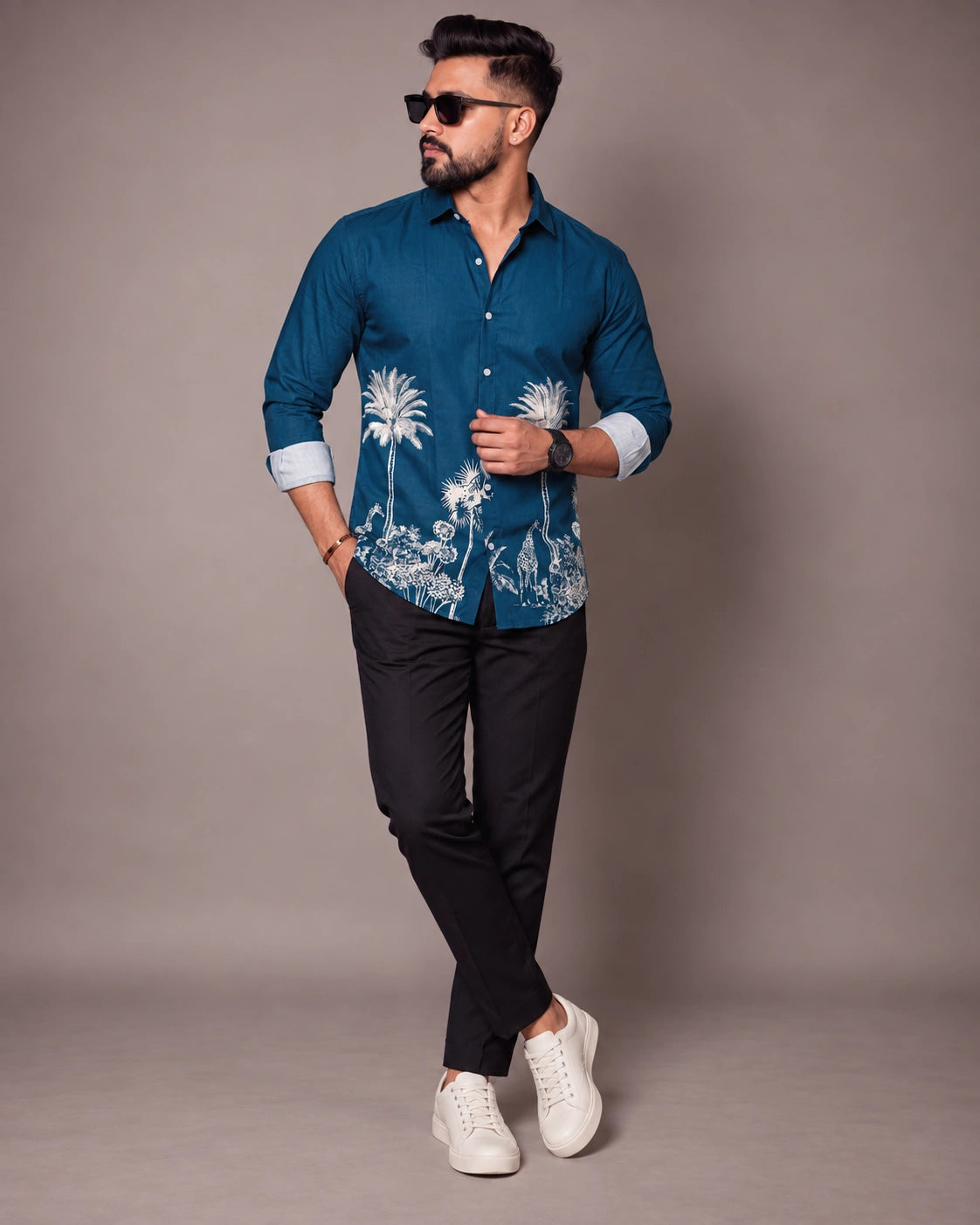 Petrol Blue Jungle Print Shirt - Back View