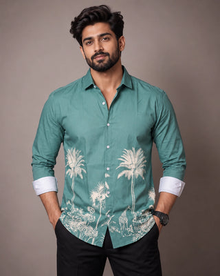 Sea Green Jungle Print Slim Fit Shirt