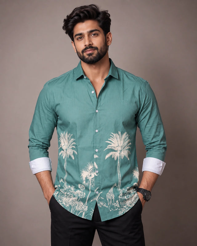 Sea Green Jungle Print Slim Fit Shirt