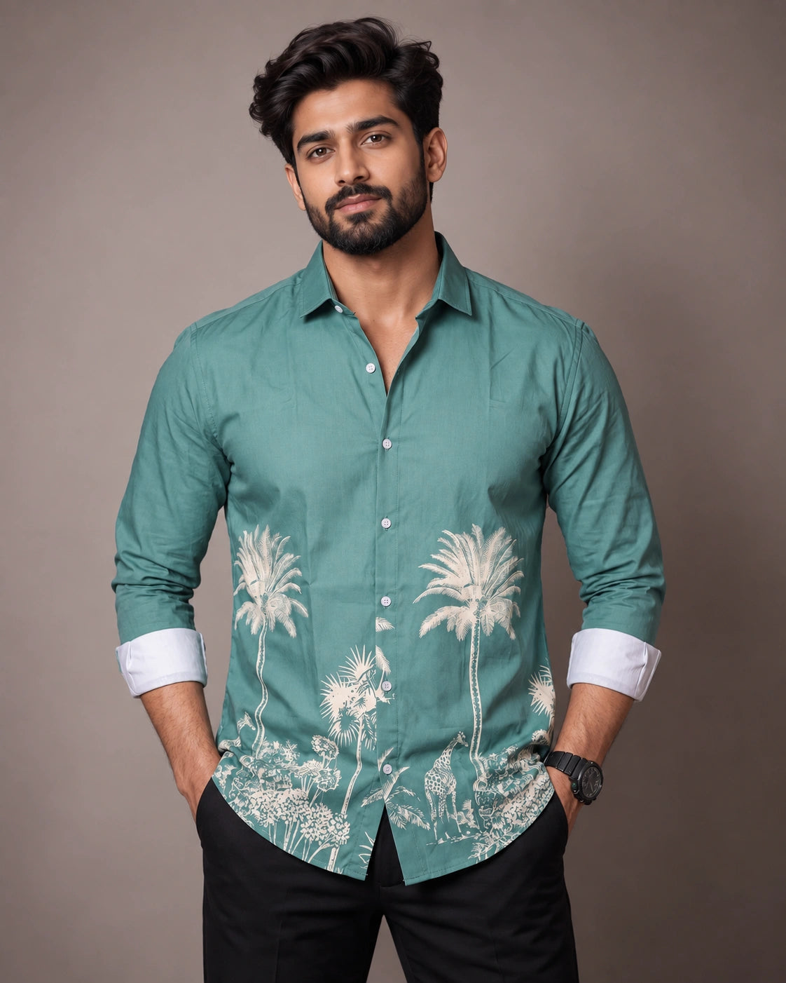 Sea Green Jungle Print Shirt - Front View 1