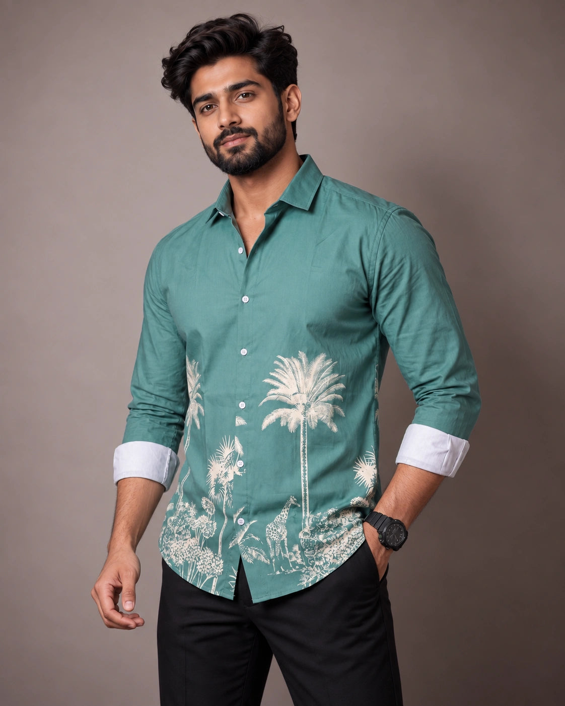 Sea Green Jungle Print Shirt - Front View 3
