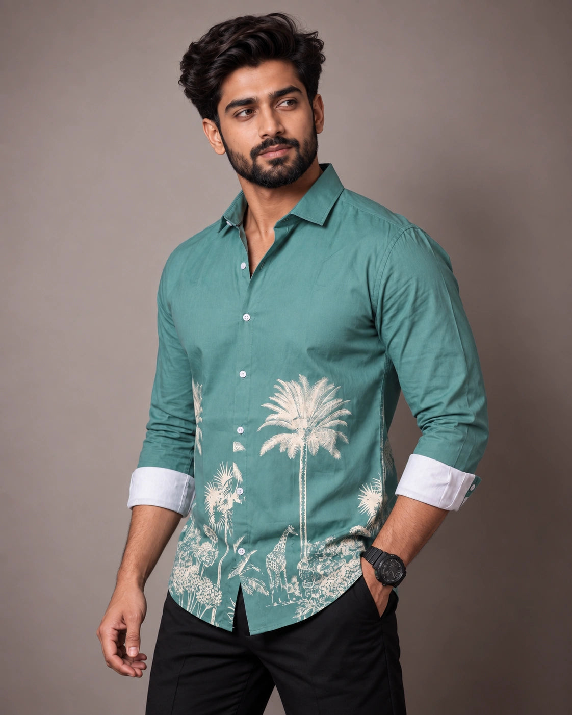 Sea Green Jungle Print Shirt - Full Length