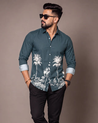 Teal Jungle Print Slim Fit Shirt