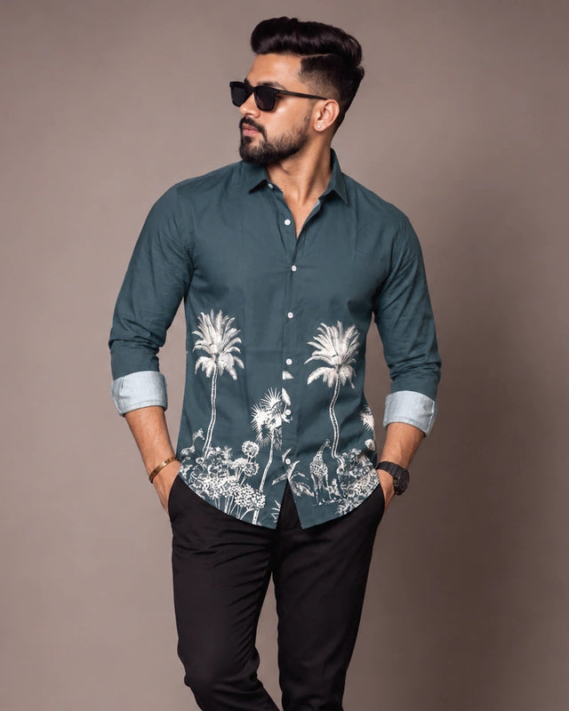 Teal Jungle Print Slim Fit Shirt