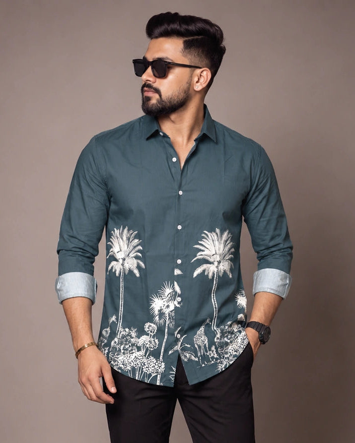 Teal Jungle Print Shirt - Full Length