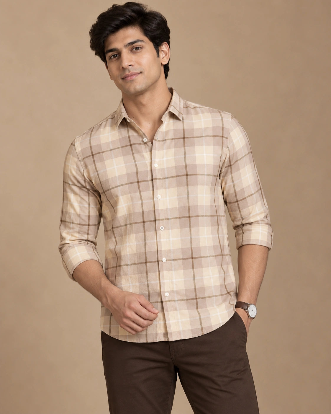 Beige check shirt - seated front view