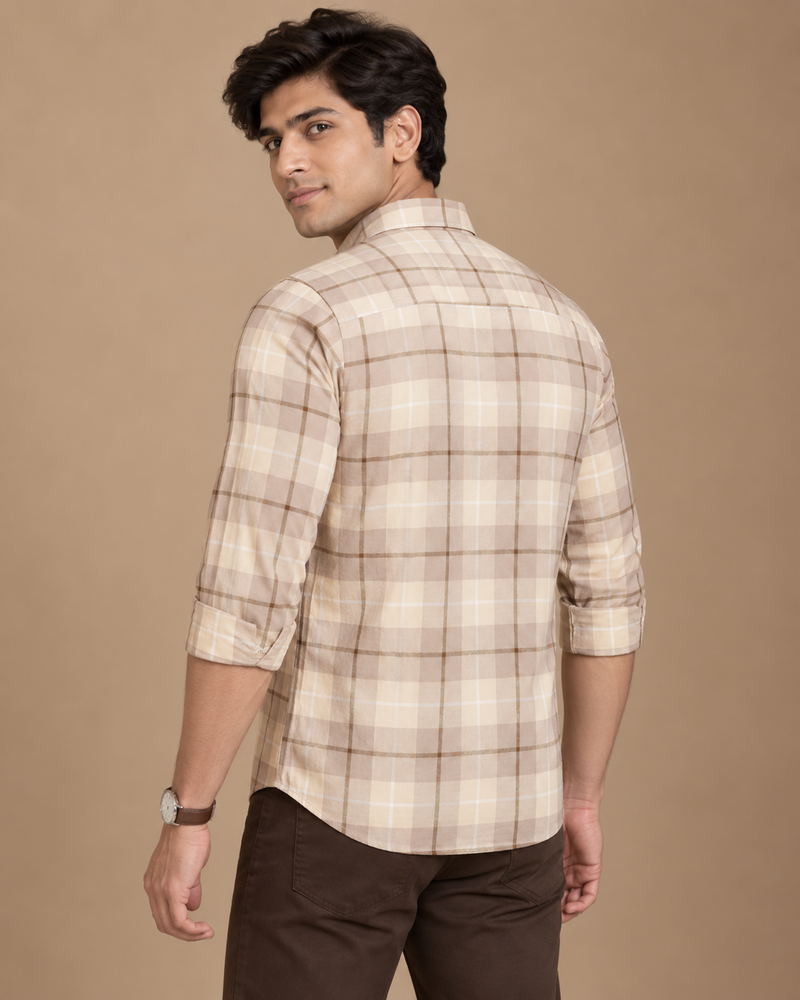 Beige check shirt - standing front view