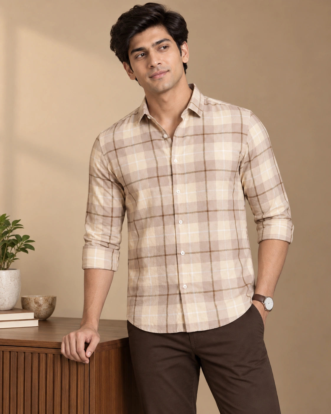 Beige check shirt - lifestyle side view