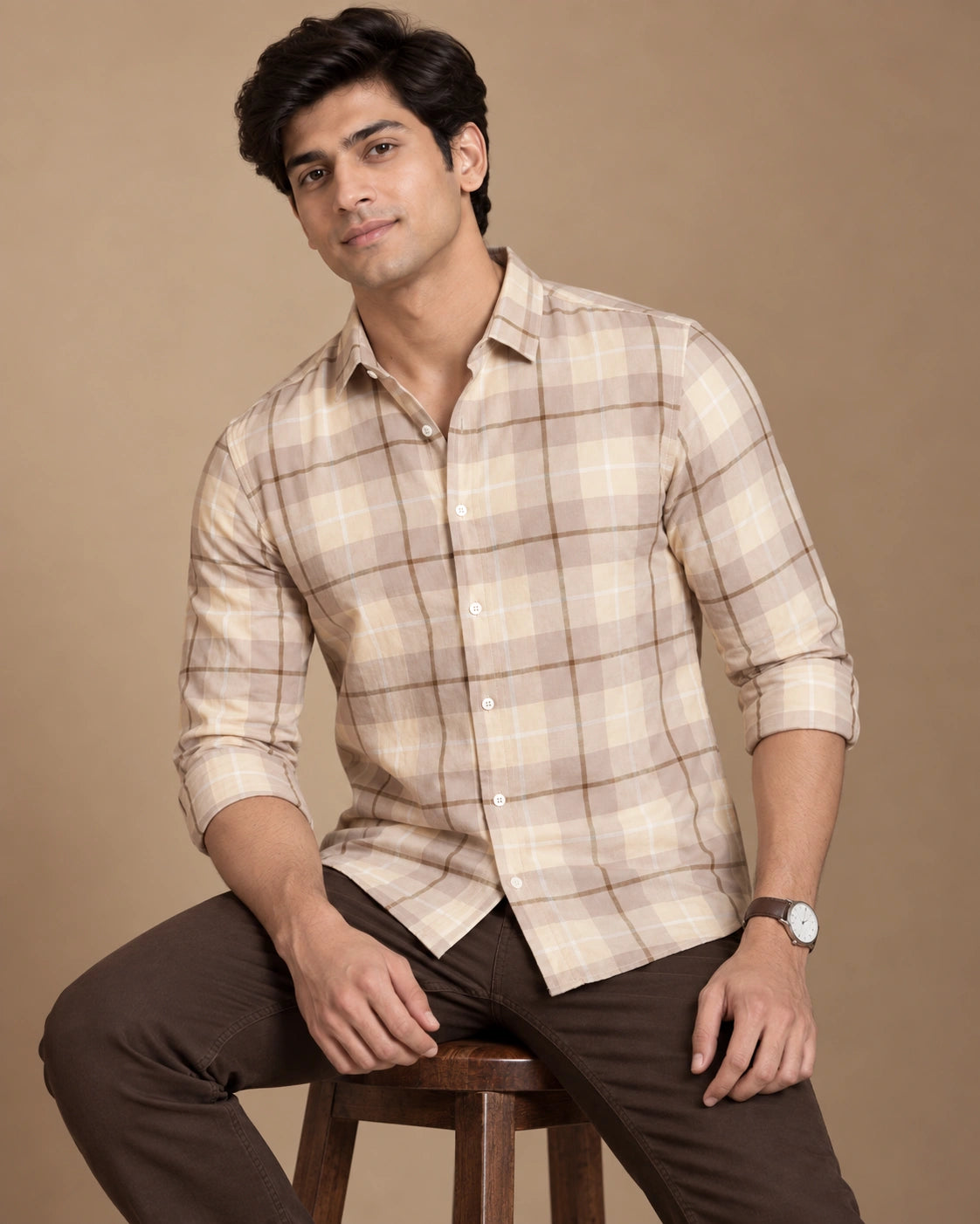 Beige check shirt - three quarter view