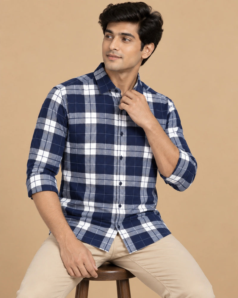 Navy Blue Bold Check Shirt - Front View