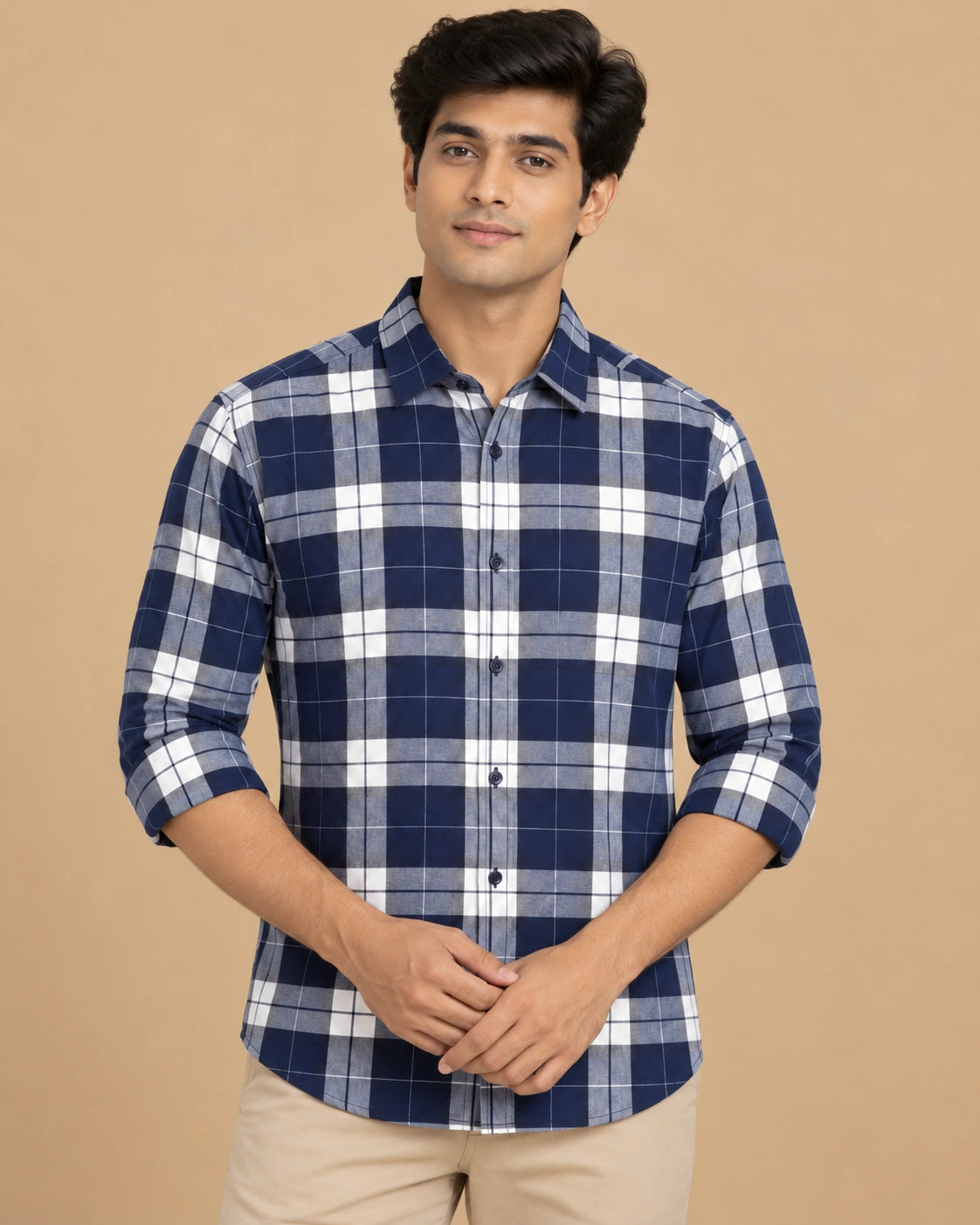 Navy Blue Bold Check Shirt - Full Front