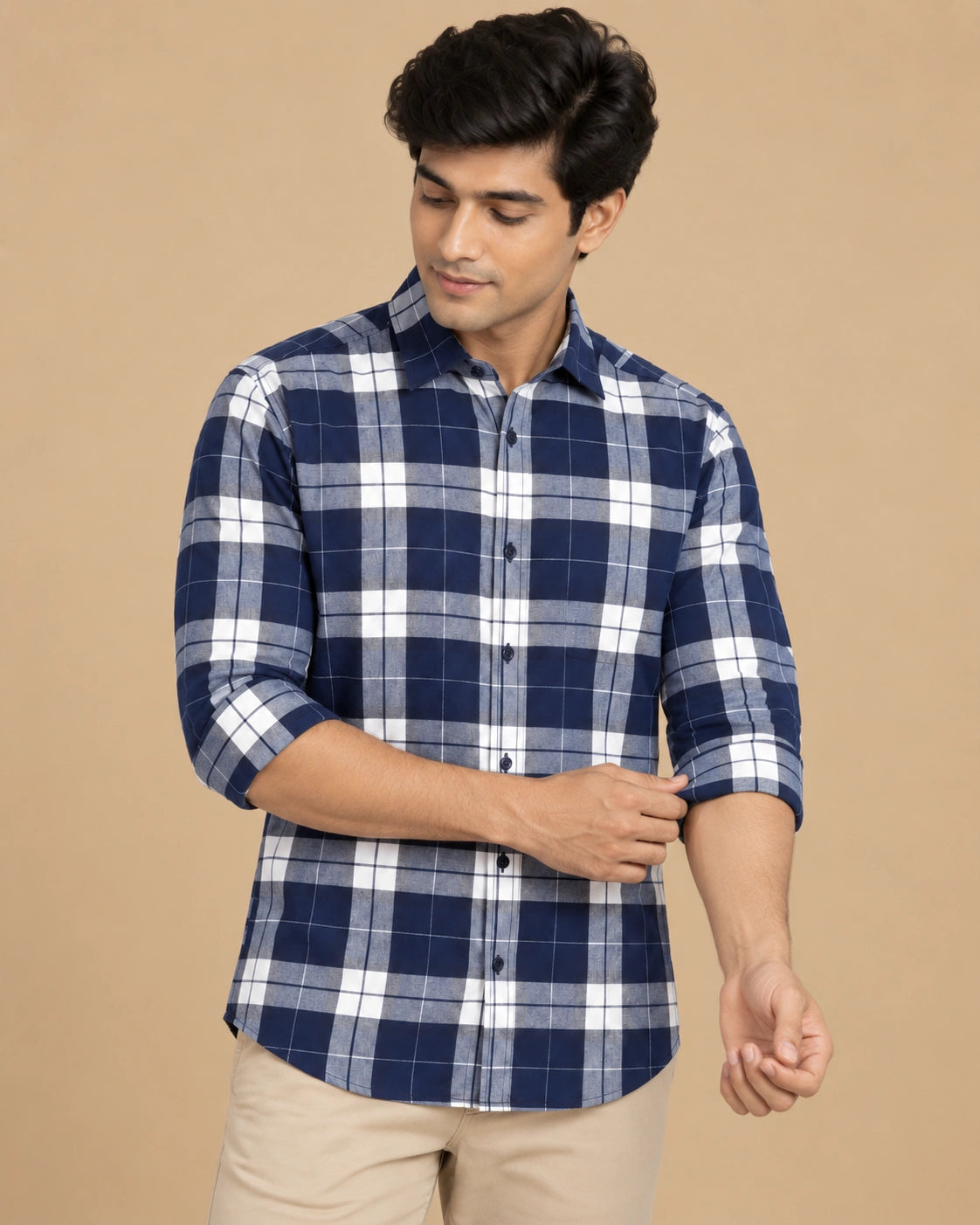 Navy Blue Bold Check Shirt - Front Detail