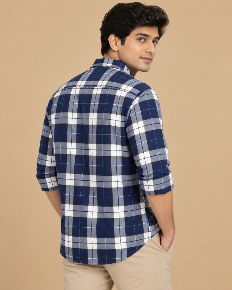 Navy Blue Bold Check Shirt - Back View