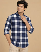 Navy Blue Bold Check Shirt - Seated Pose